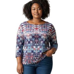 Peck & Peck Purple Geometric Long Sleeve Top Sz.L EUC